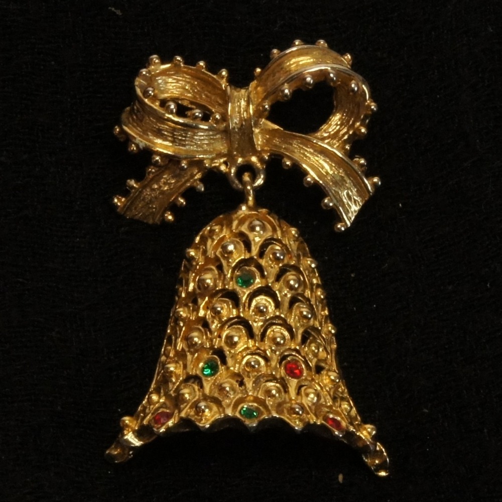 Vintage Christmas Bell Brooch Gold Tone Bow Dangle Rhinestone Holiday Pin